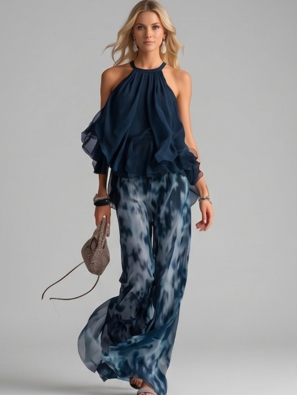 Chiffon 2-Piece Halter And Wide Leg Pant Set In Midnight Blue Tie-Dye